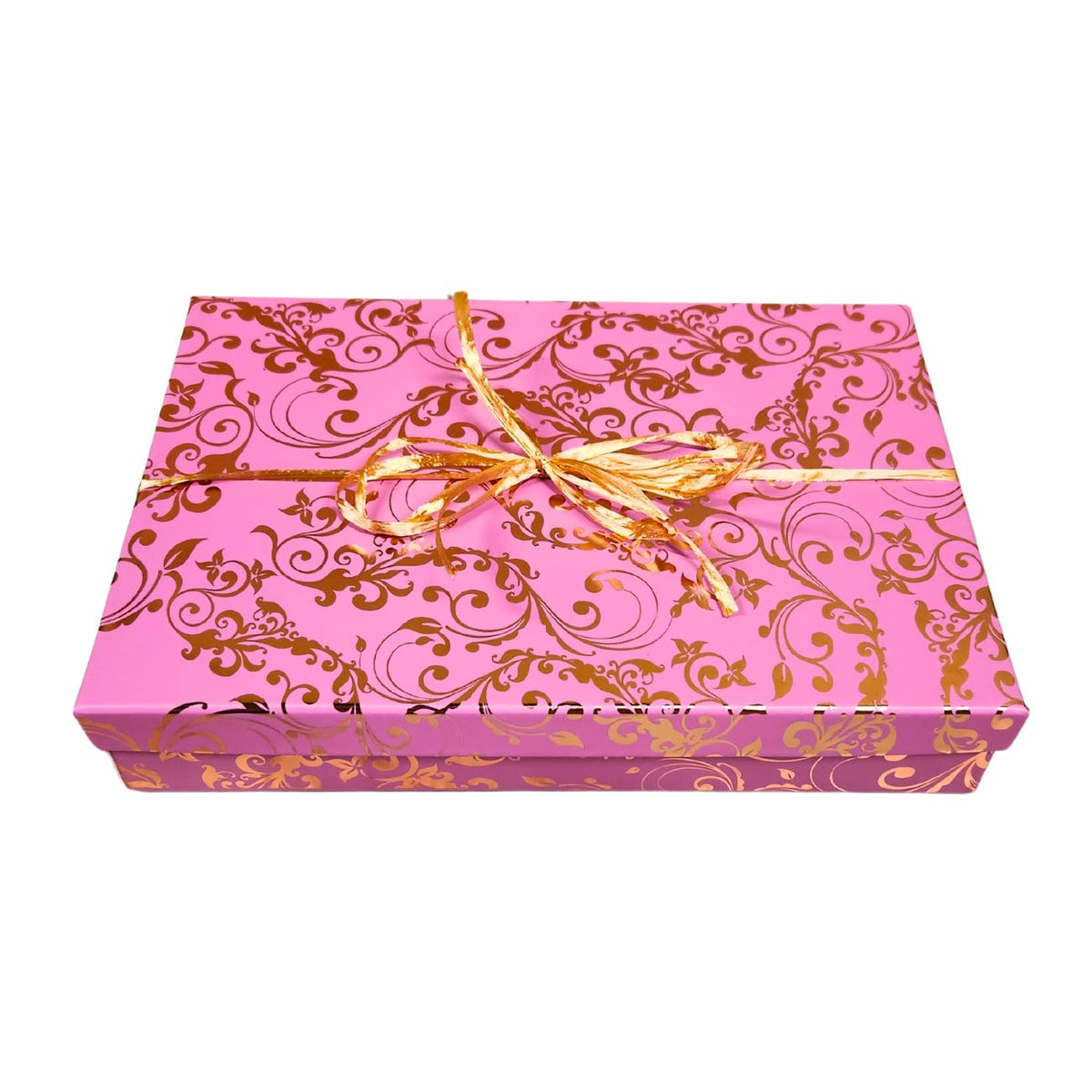 A closed luxury rectangular holiday gift box elegantly tied with a matching satin bow and holiday ribbon overlay, presented on a clean background.