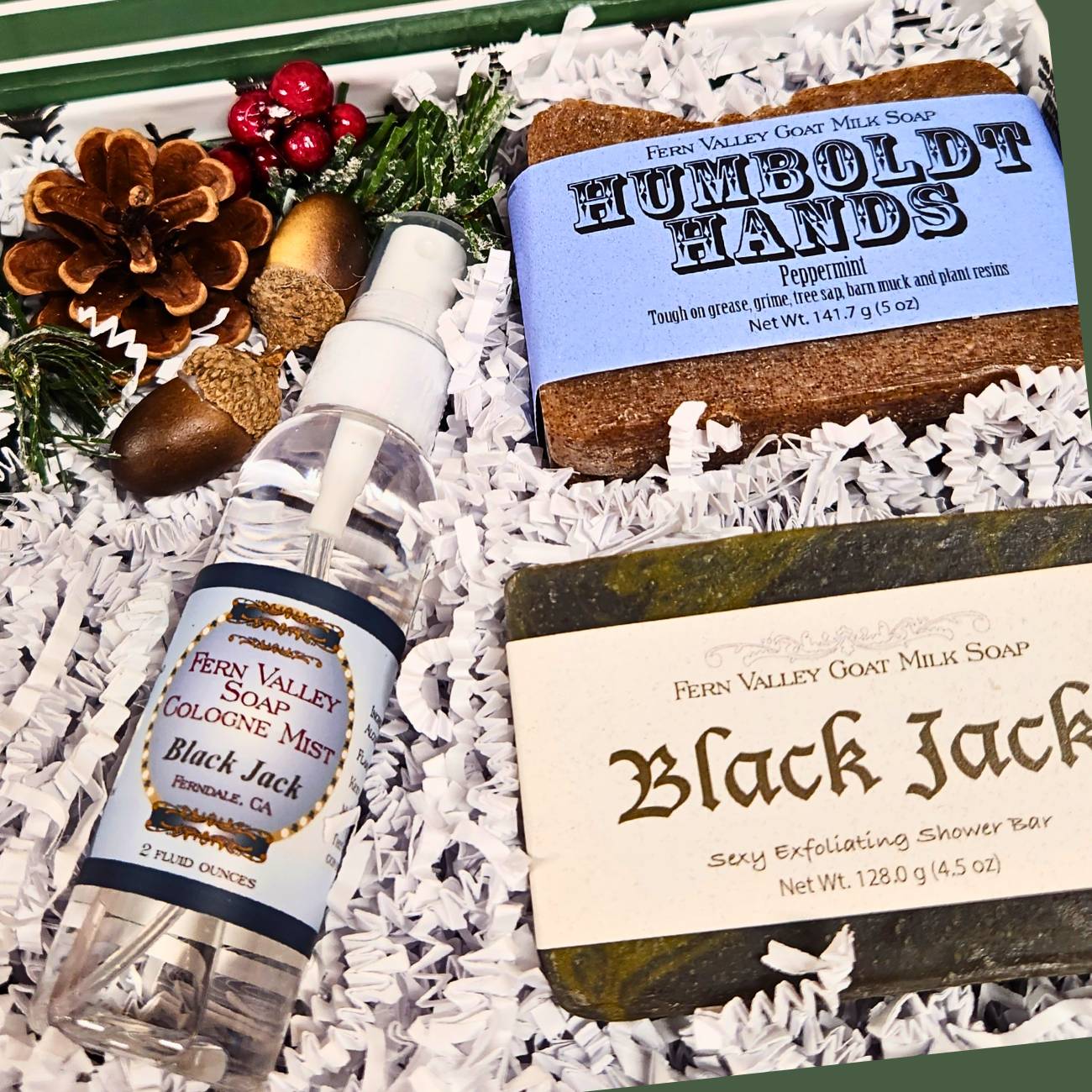 Handmade Goat Milk Soap | Gift Box for Guys | 2 Bars + Cologne and Lip Balm