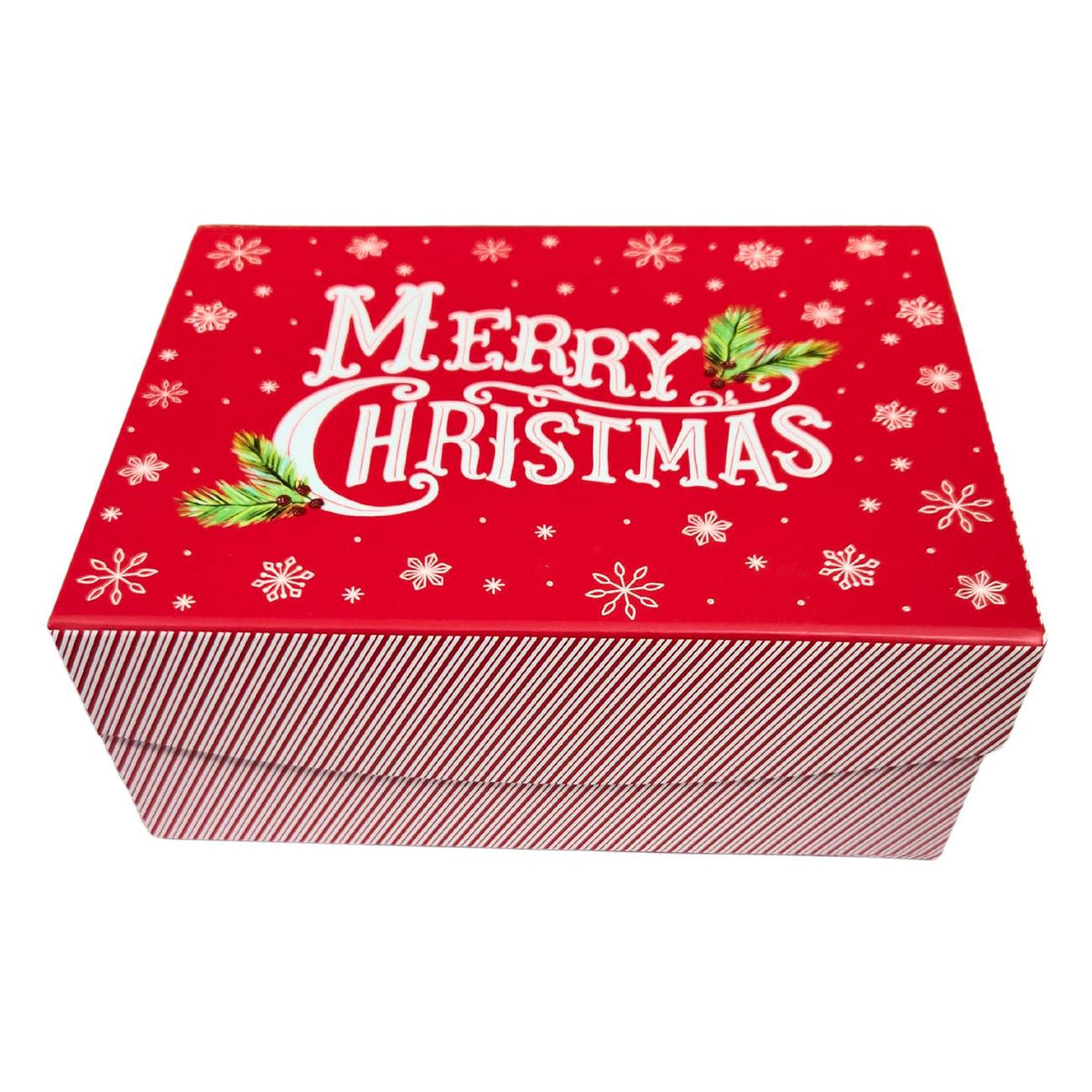 A closed rectangular holiday gift box featuring a bright red lid printed with "Merry Christmas" and snowflakes, paired with a red and white diagonal candy-striped base, shown from a top-down angle on a white background.