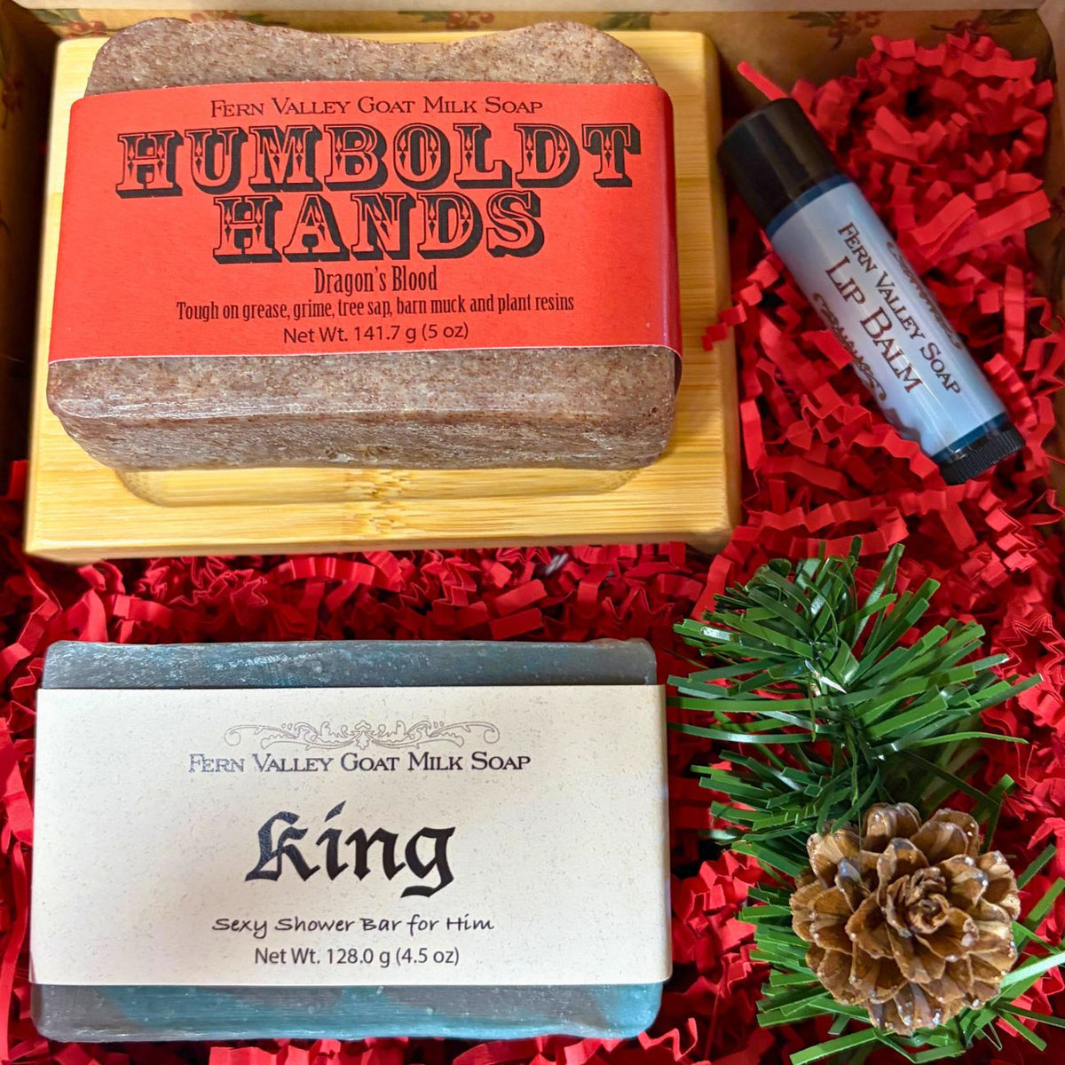Close-up product shot of a holiday gift basket combination featuring Dragon&