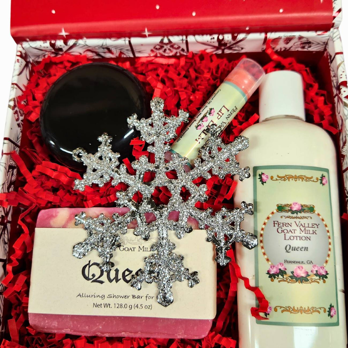 Fern Valley Queen goat milk soap and lotion holiday gift set inside a festive Christmas box.