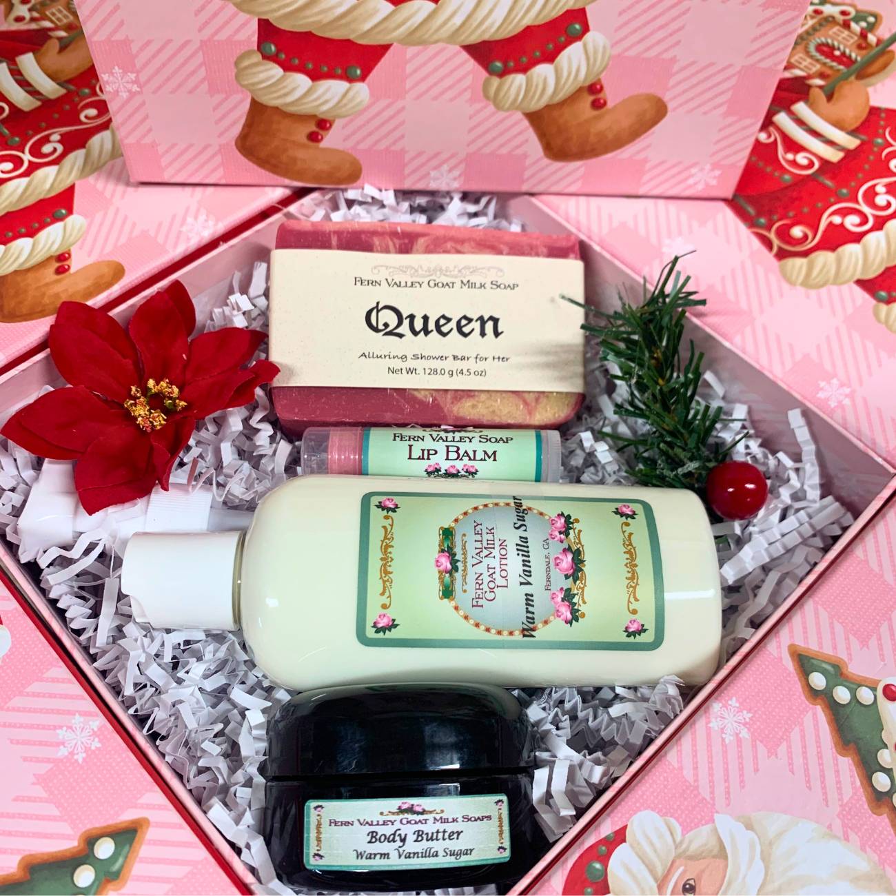 Handmade Goat Milk Soap & Lotion + Body Butter | Pink Santa Gift Box