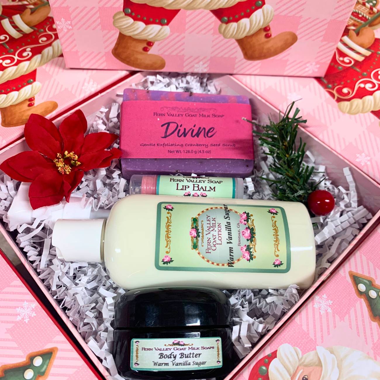 Handmade Goat Milk Soap & Lotion + Body Butter | Pink Santa Gift Box