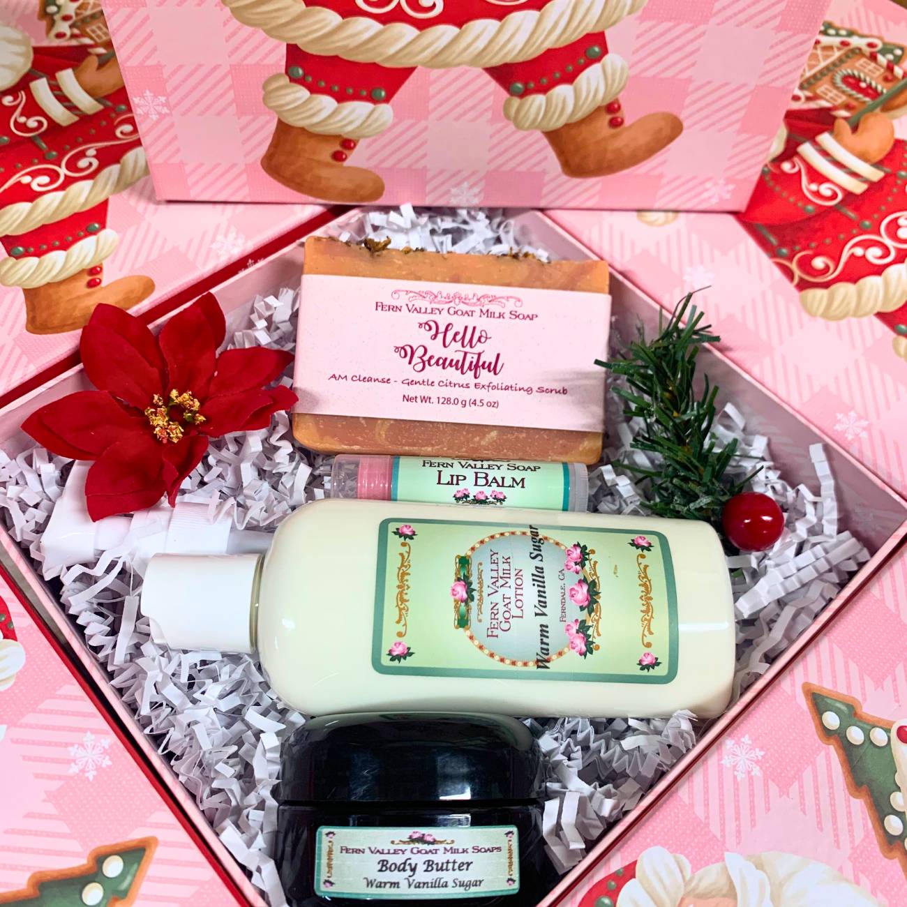 Handmade Goat Milk Soap & Lotion + Body Butter | Pink Santa Gift Box