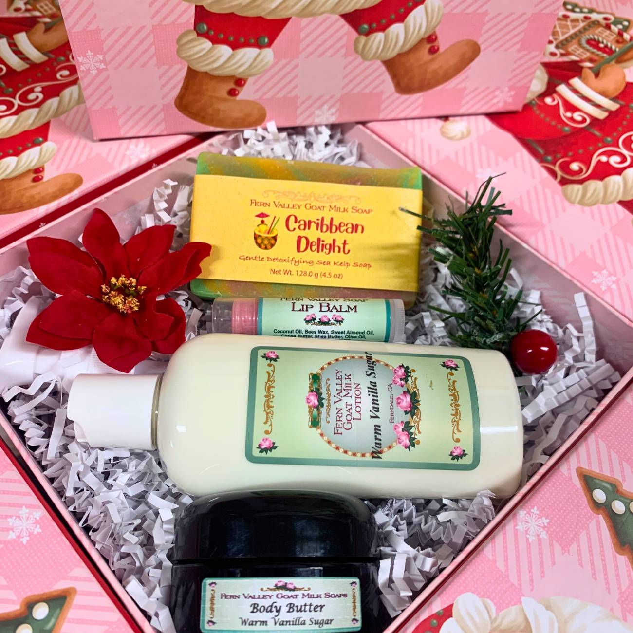 Handmade Goat Milk Soap & Lotion + Body Butter | Pink Santa Gift Box