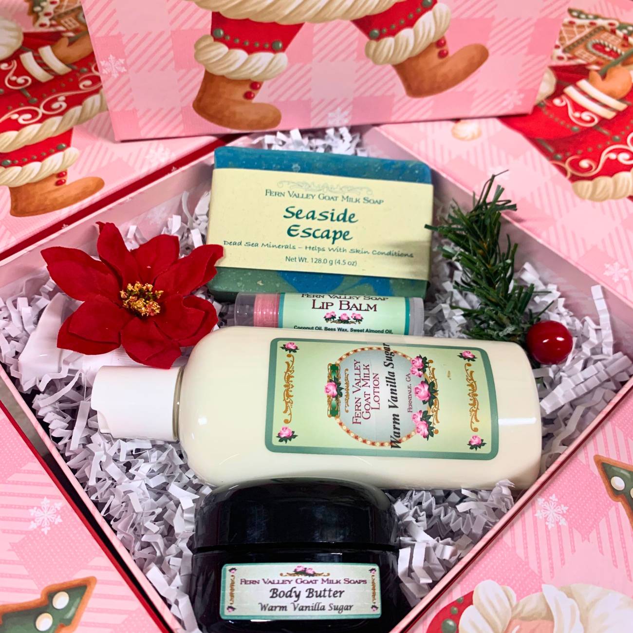 Handmade Goat Milk Soap & Lotion + Body Butter | Pink Santa Gift Box