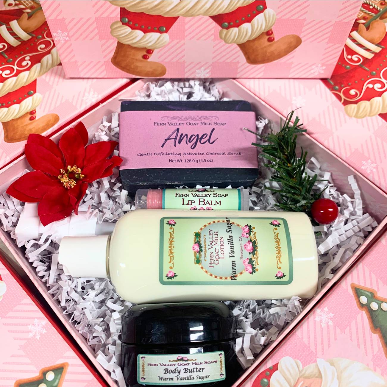 Handmade Goat Milk Soap & Lotion + Body Butter | Pink Santa Gift Box