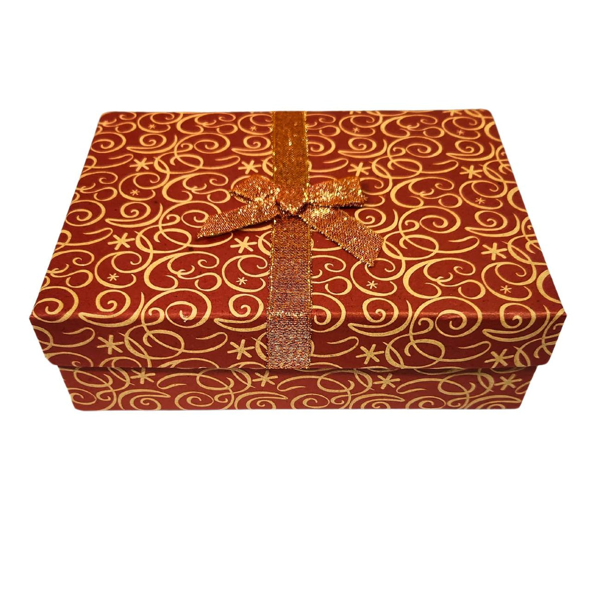 Orange gift box with gold swirl pattern and an orange and gold ribbon on a white background.