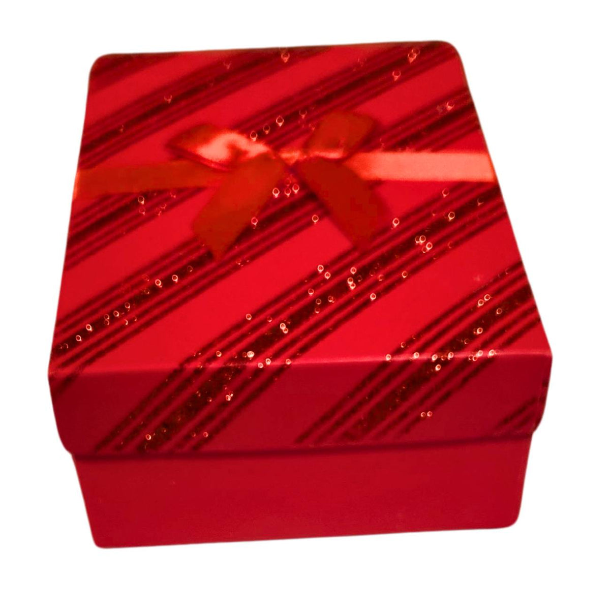 A square red gift box with a matching red ribbon and bow, decorated with diagonal black stripes and small reflective sequins, shown on a plain white background.