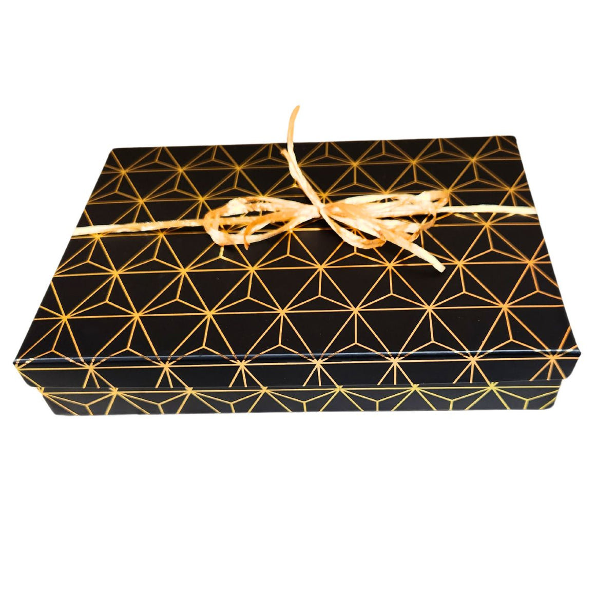  A closed luxury rectangular holiday gift box elegantly tied with a matching satin bow and holiday ribbon overlay, presented on a clean background.