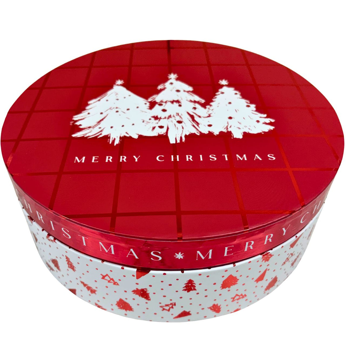 Round red and white Christmas gift box with a holiday pattern featuring three white pine trees and a Merry Christmas greeting.