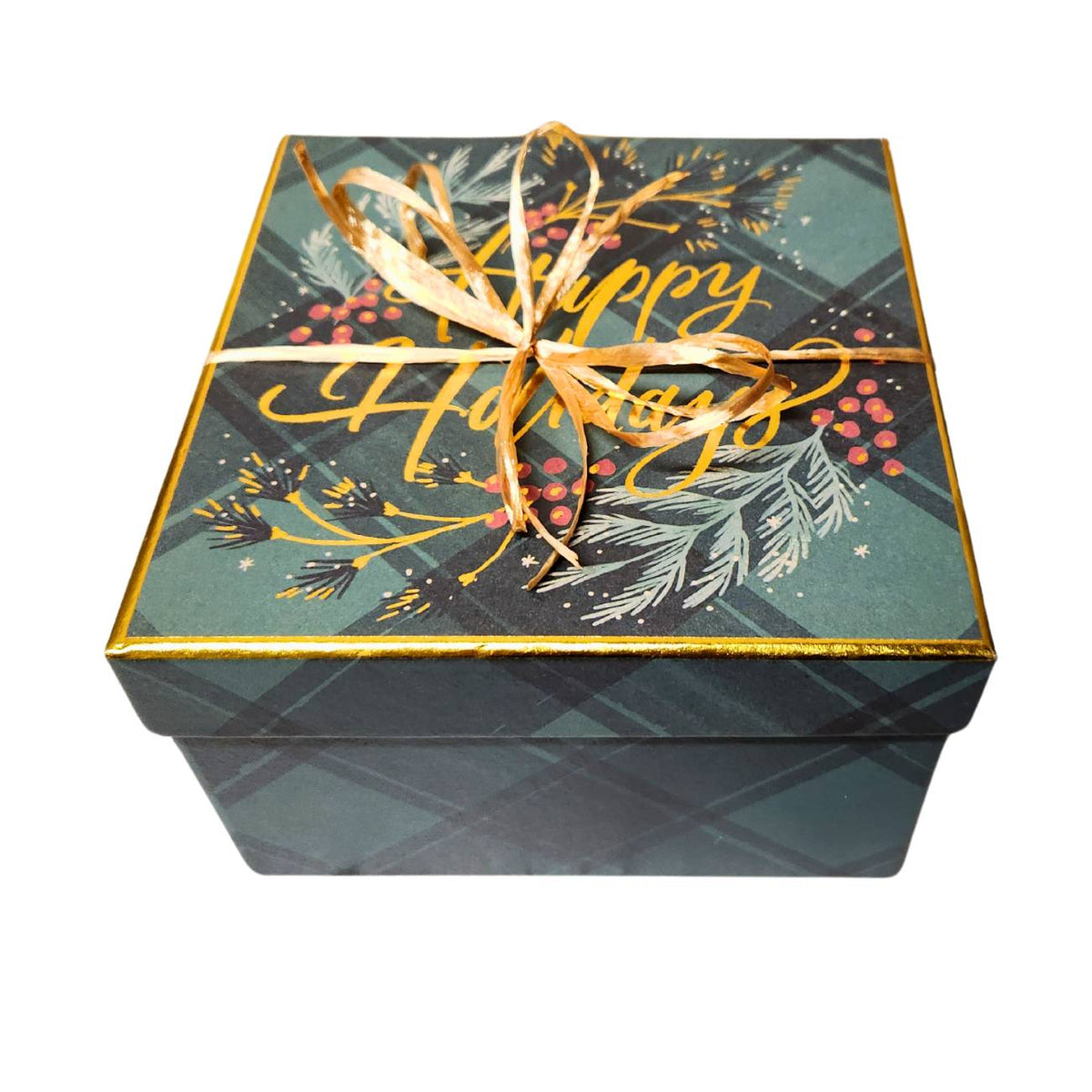 Green plaid gift box with gold Merry Christmas message. Tied with a gold ribbon. Image is on a white background. 