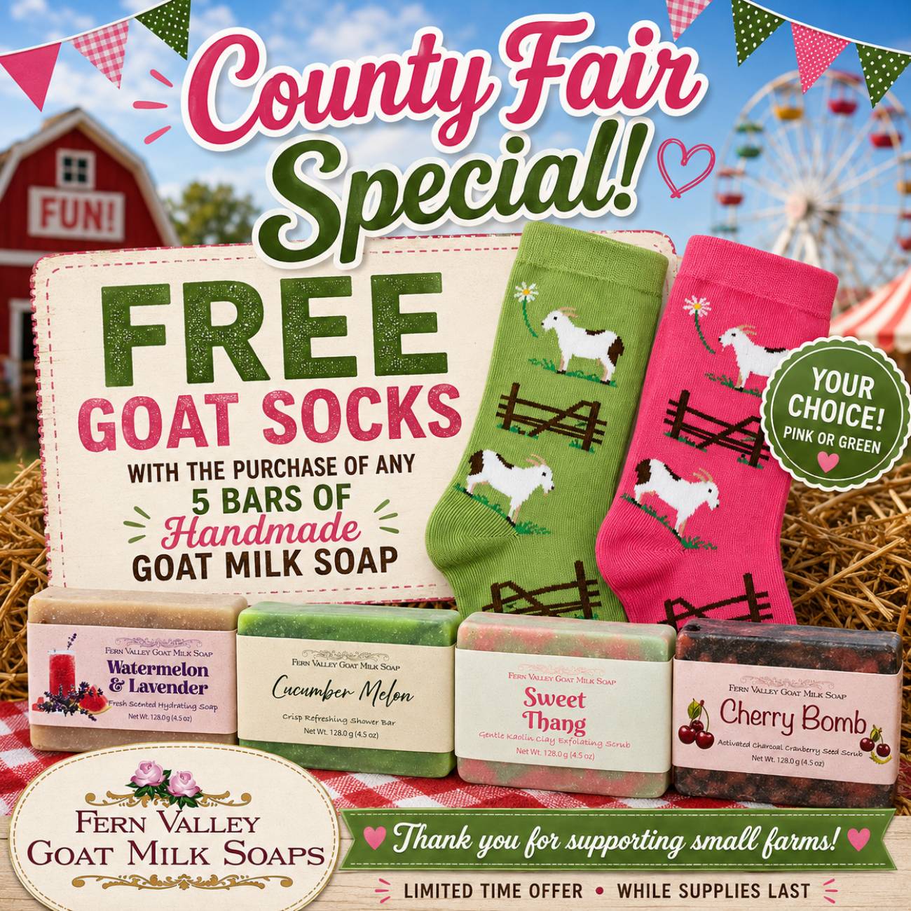 Fun Goat Socks | FREE When You Order 5 Bars Of Soap | Choose Your Color When Adding To the Cart