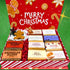A Christmas-themed gift box filled with assorted artisanal soap bars. The open red-and-white striped box features a festive red lid decorated with gingerbread cookies, candy canes, and the words &