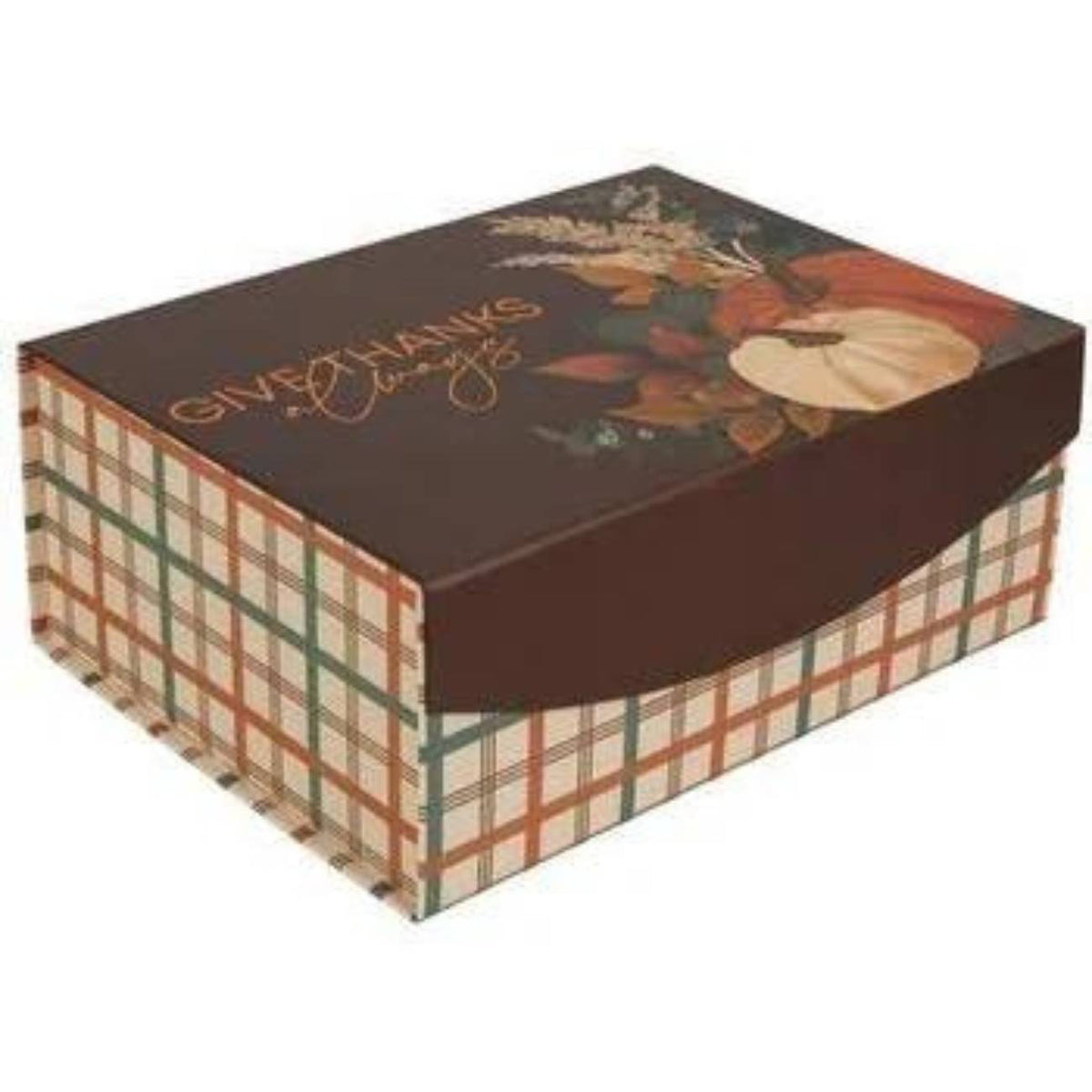  Give Thanks Always plaid gift box on a white background. 