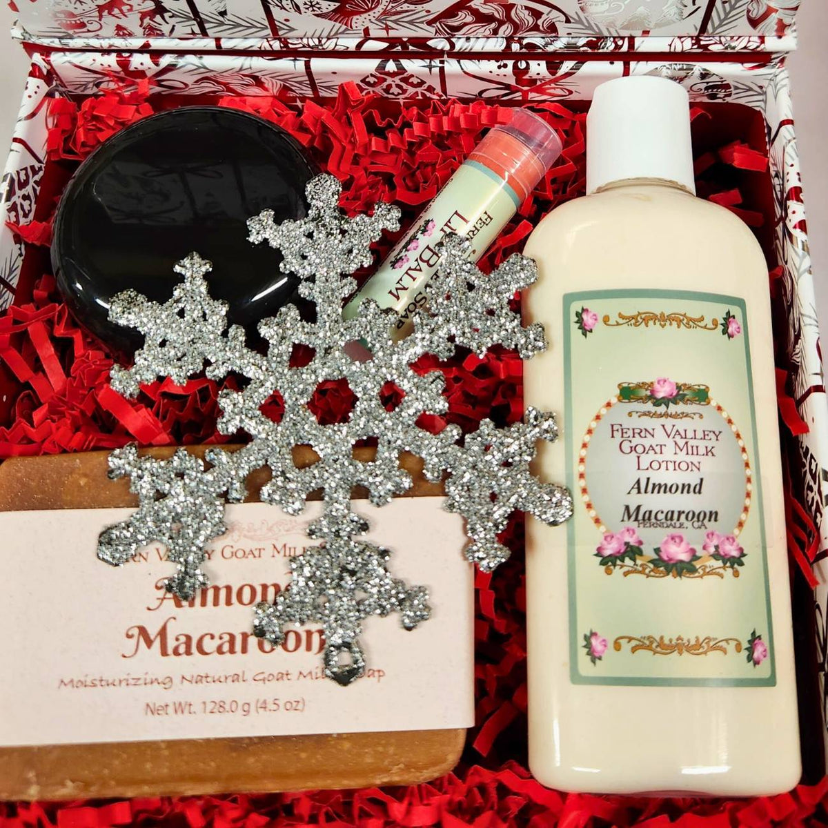 Fern Valley Soap Almond Macaroon goat milk soap and lotion holiday gift set inside a festive Christmas box.