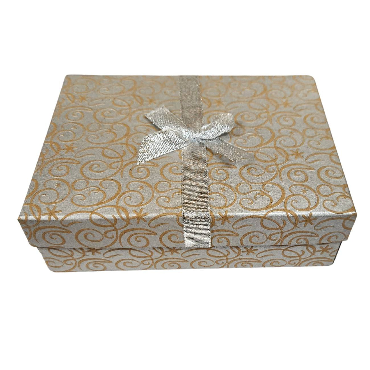 Silver swirl patterned gift box with a silver ribbon. 