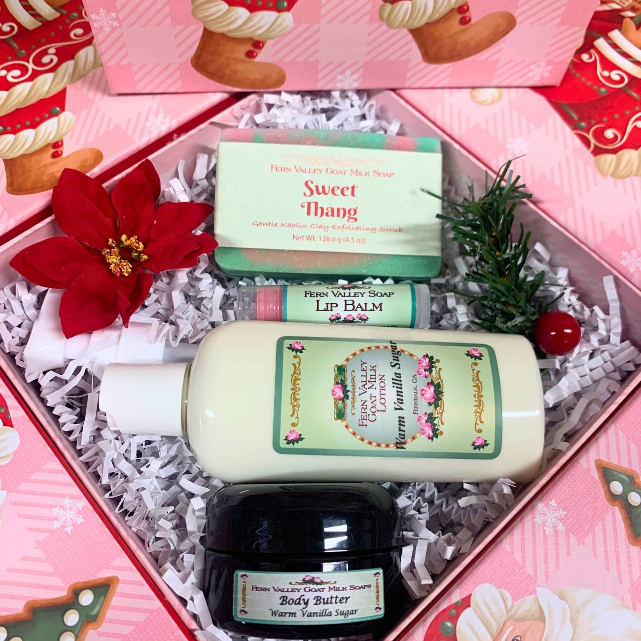 Handmade Goat Milk Soap &amp; Lotion + Body Butter | Pink Santa Gift Box