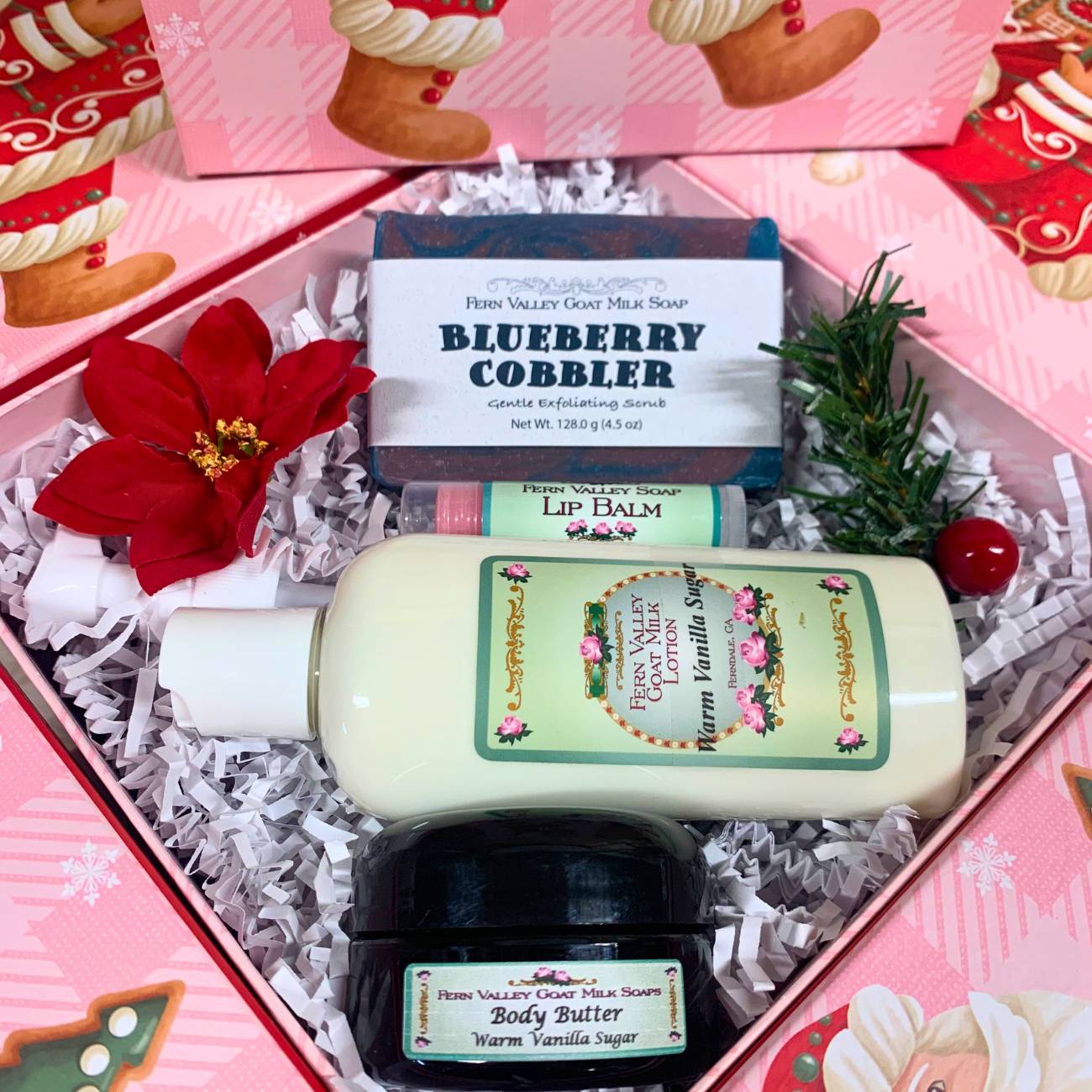 Handmade Goat Milk Soap &amp; Lotion + Body Butter | Pink Santa Gift Box