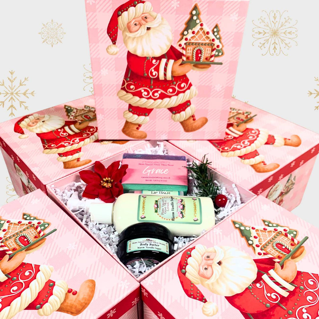 Handmade Goat Milk Soap &amp; Lotion + Body Butter | Pink Santa Gift Box