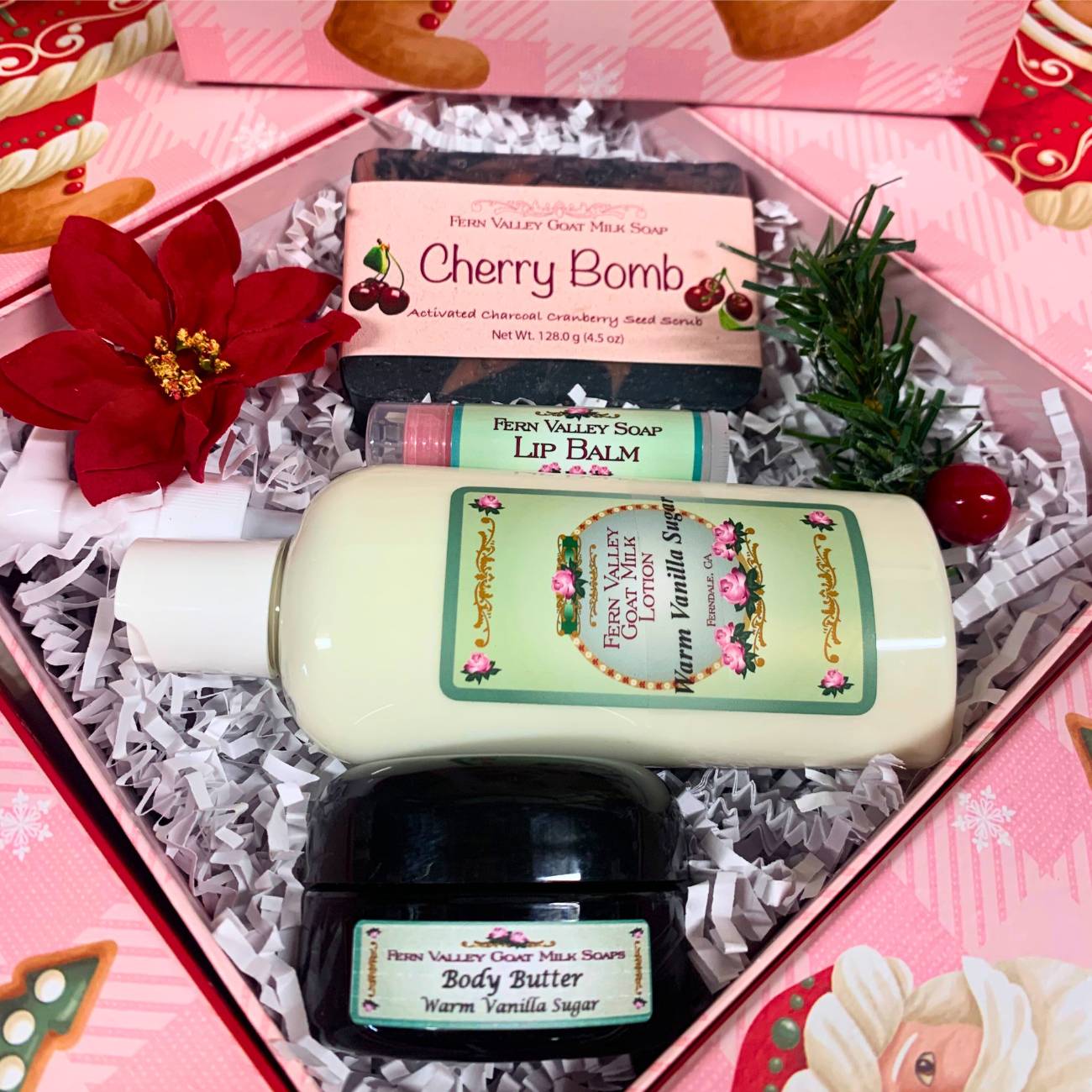 Handmade Goat Milk Soap &amp; Lotion + Body Butter | Pink Santa Gift Box