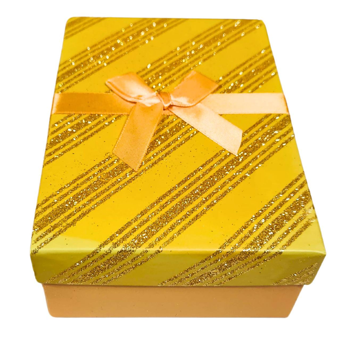 A square gift box wrapped in bright yellow paper with diagonal glittery gold stripes and tied with a satin orange ribbon bow, shown on a plain white background.