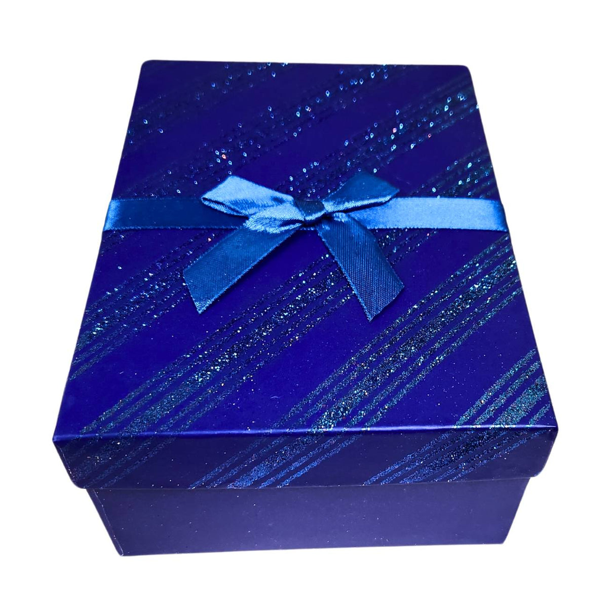 A royal blue glittery gift box with diagonal sparkly stripes and a matching blue satin ribbon tied in a bow on top, shown against a plain white background.