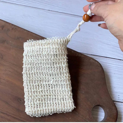 Natural Plant-based Sisal Soap Saver Pouch | Drawstring With Wood Bead | Fern Valley Soap