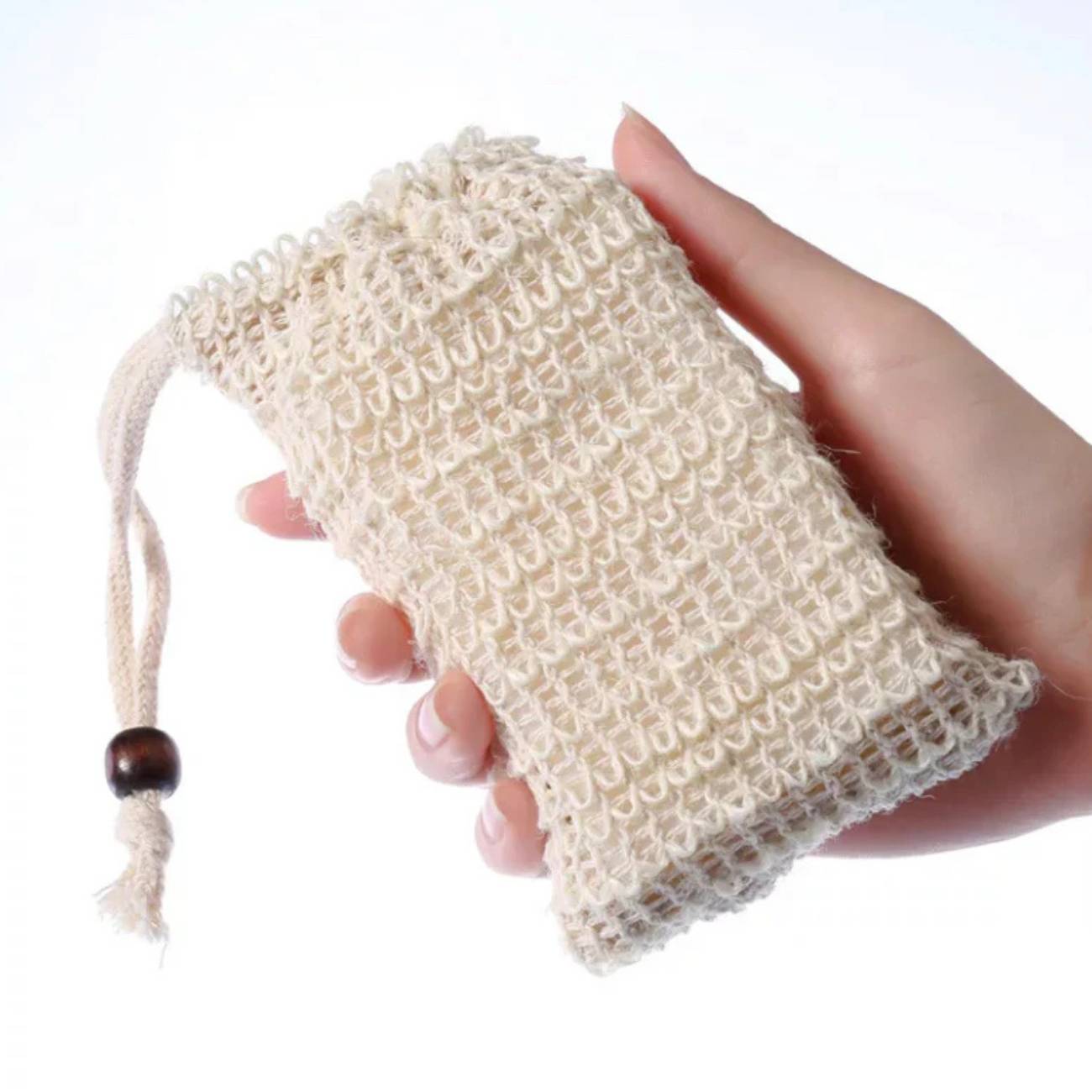 Natural Plant-based Sisal Soap Saver Pouch | Drawstring With Wood Bead | Fern Valley Soap