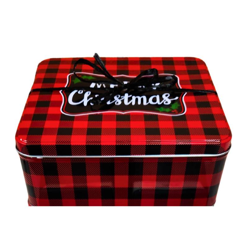Re and Black Buffalo Plaid square Christmas tin, tied with a black bow. The top of the box say Merry Christmas. 