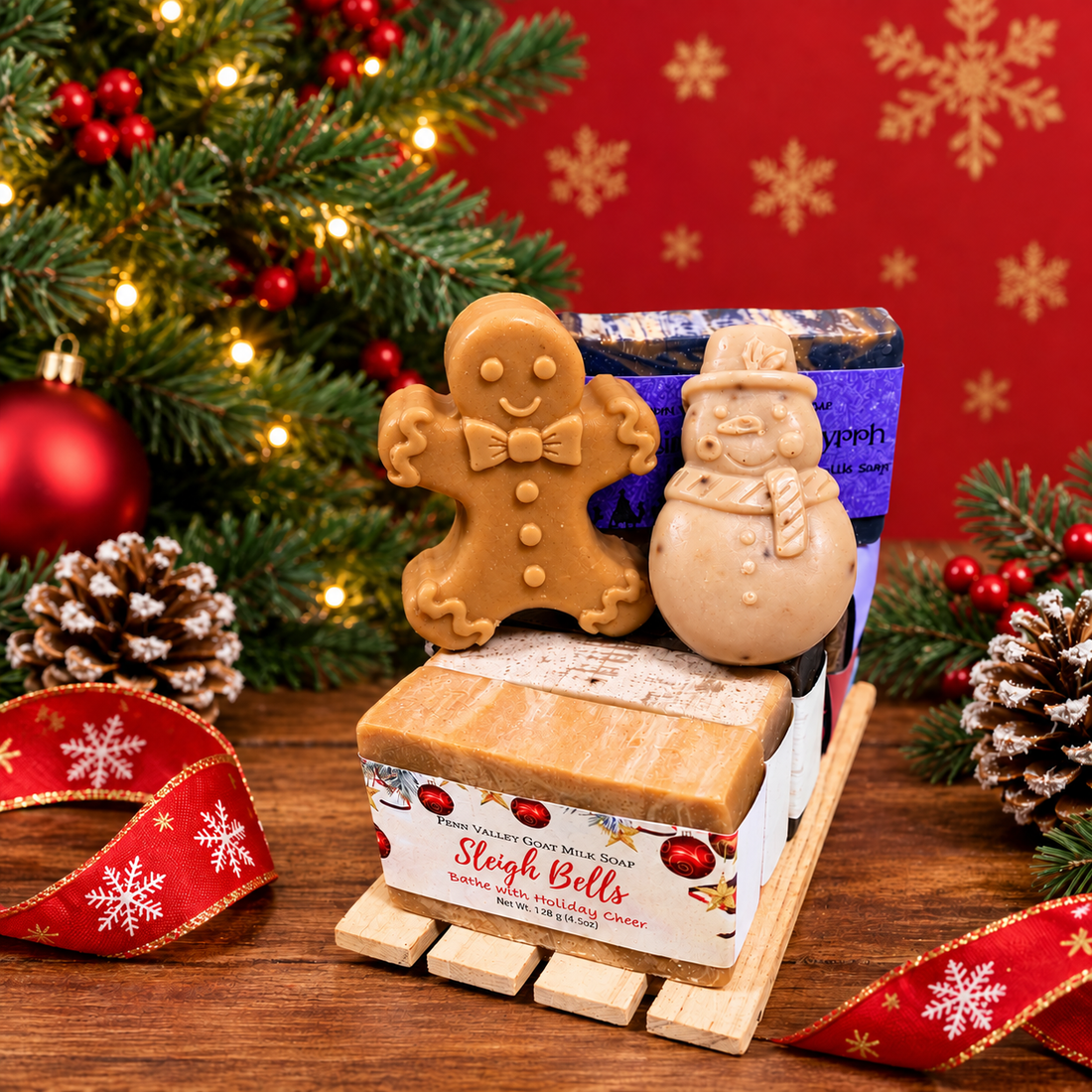 A Christmas-themed gift set featuring a gingerbread man and snowman soap bar stacked on top of a bundle of handmade goat milk soap. Styled on a wooden surface with a red snowflake-patterned backdrop, evergreen tree, ornaments, pinecones, and red ribbon.