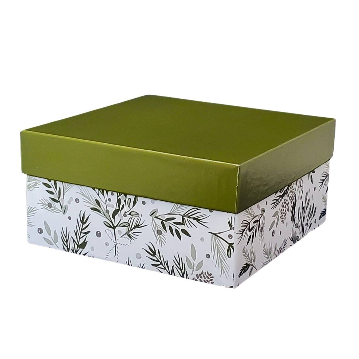White gift box with pine foliage printed on it, the lid of the box is green; against a white background. 