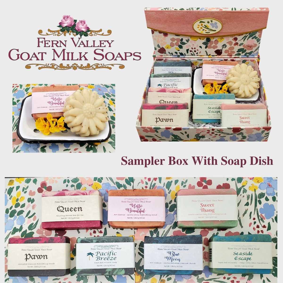 Handmade Goat Milk Soap | Seven Bars Soap + Enameled Metal Soap Dish | Gift Box for Her